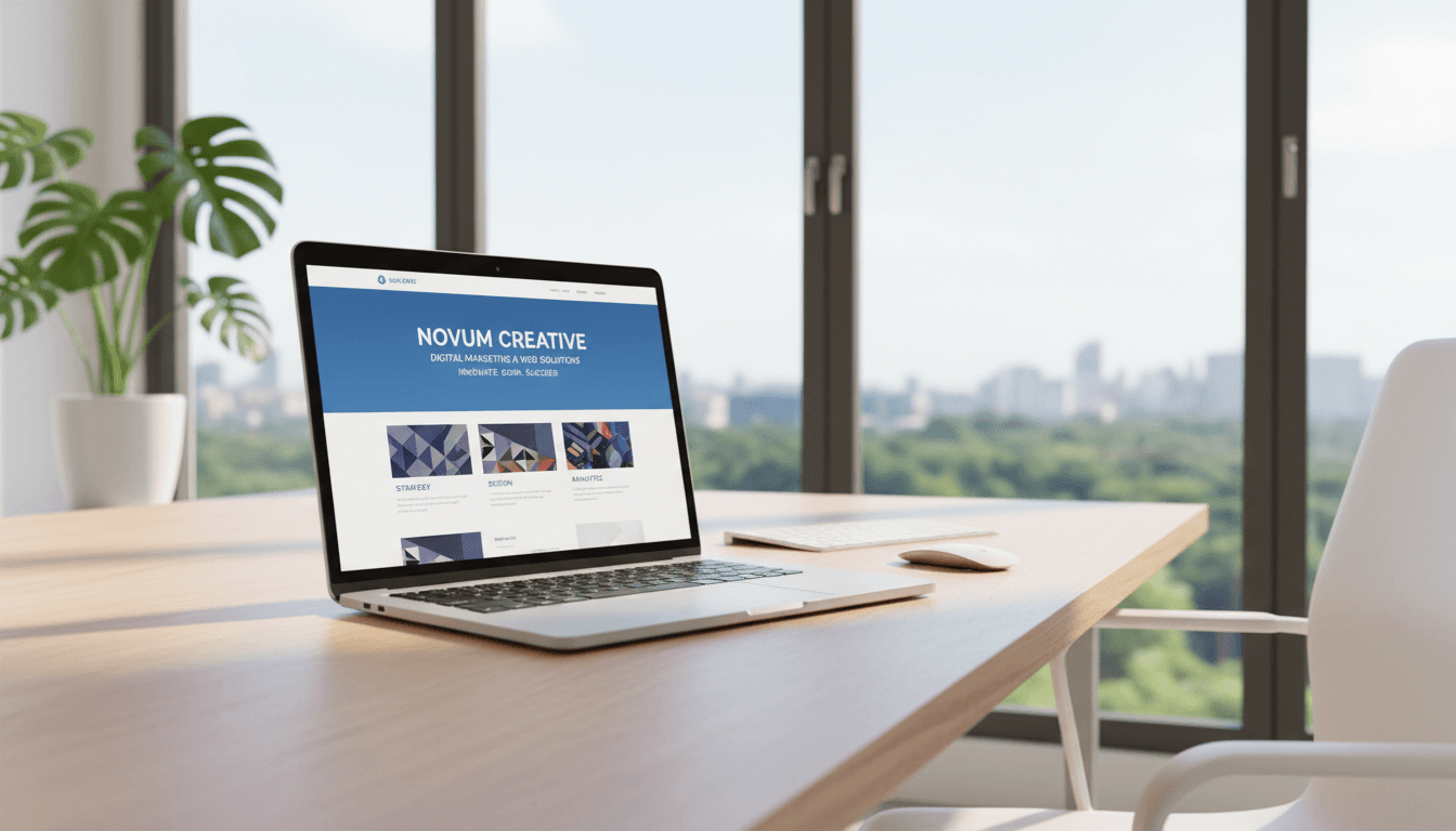Laptop displaying professional website design in a modern office with natural light
