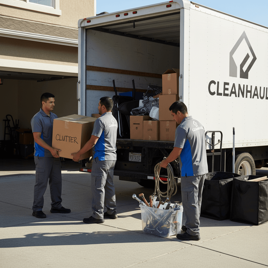Team loading boxes and tools into truck bed during junk removal service.