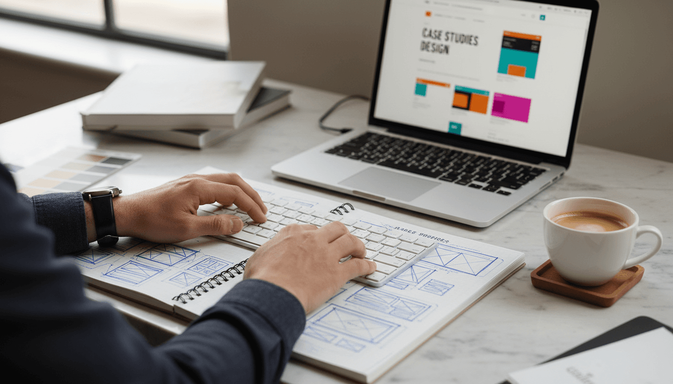 Founder working on a professional website design at a modern desk in Seattle