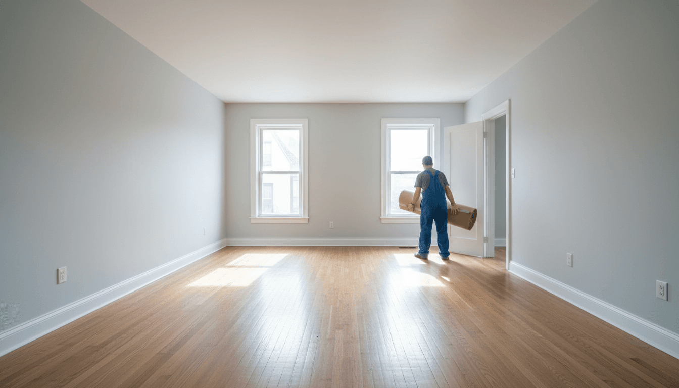 Completely empty and cleaned residential room with bare walls and hardwood flooring after junk removal service