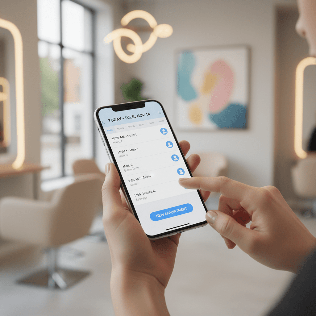 Salon professional's hands holding smartphone displaying digital appointment calendar with bookings and customer information