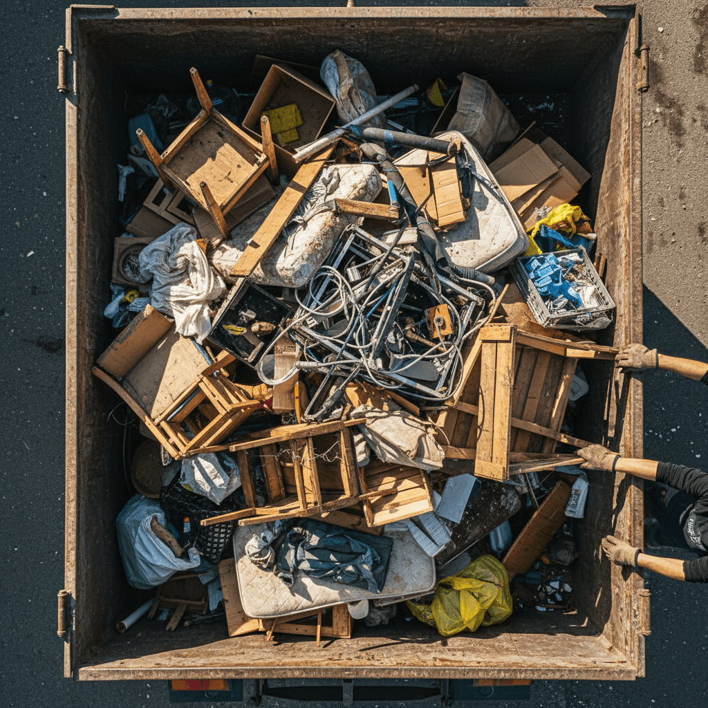 Overhead view of mixed household debris and furniture on truck bed with workers' hands actively sorting items for removal
