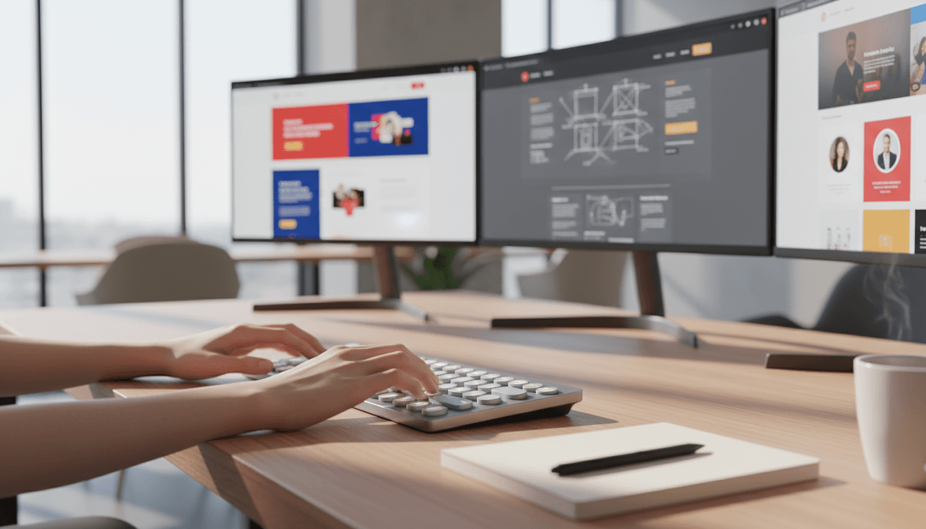 Web designer working on a website mockup at a modern Seattle office desk